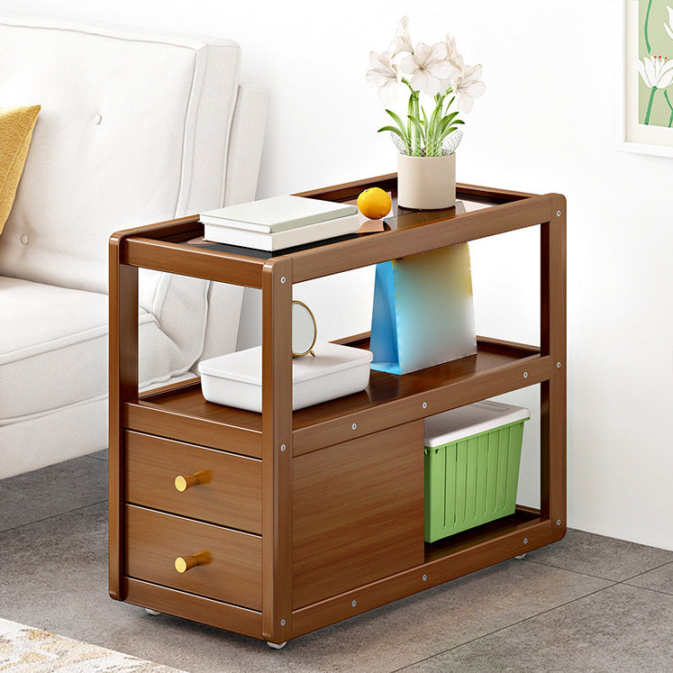 Glass and Wood Night Table Modern Minimalist Open Bedside Table on Casters