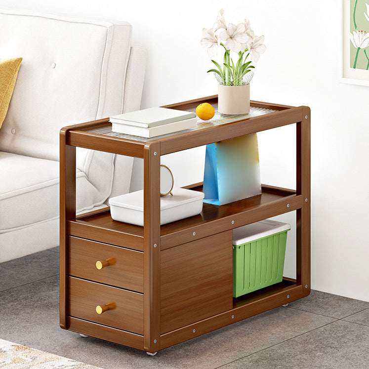 Glass and Wood Night Table Modern Minimalist Open Bedside Table on Casters