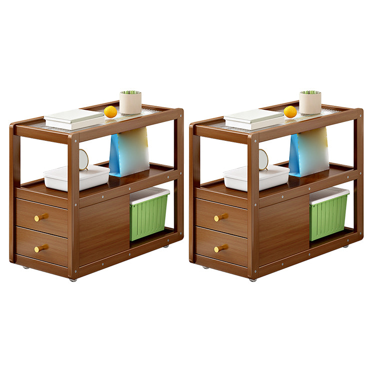 Glass and Wood Night Table Modern Minimalist Open Bedside Table on Casters