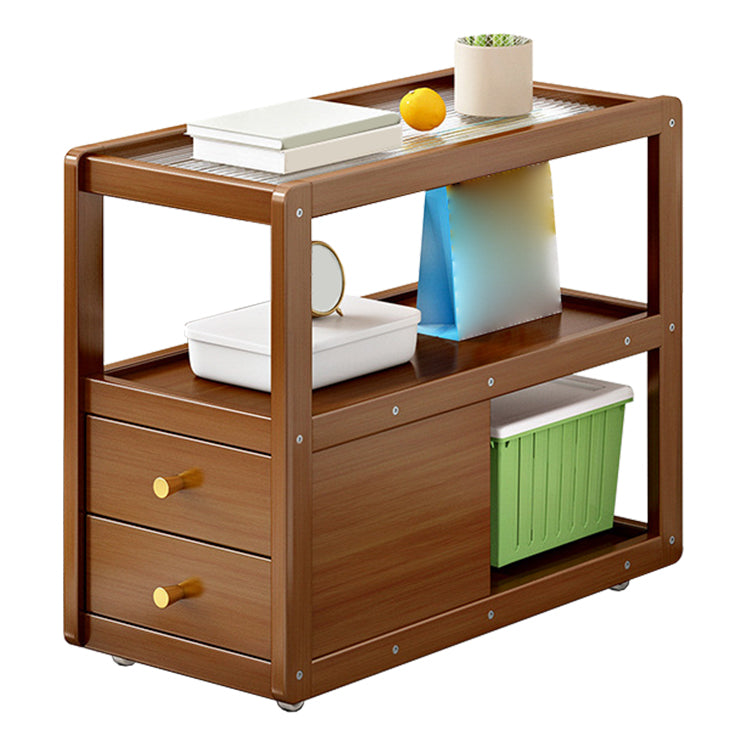 Glass and Wood Night Table Modern Minimalist Open Bedside Table on Casters