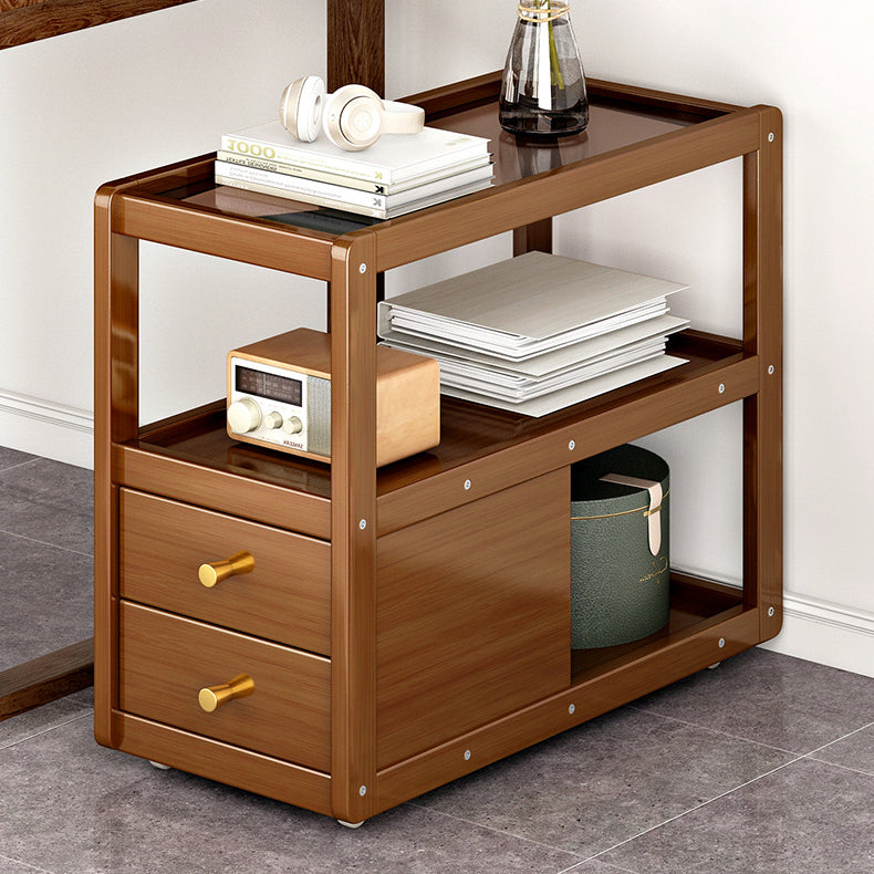 Glass and Wood Night Table Modern Minimalist Open Bedside Table on Casters