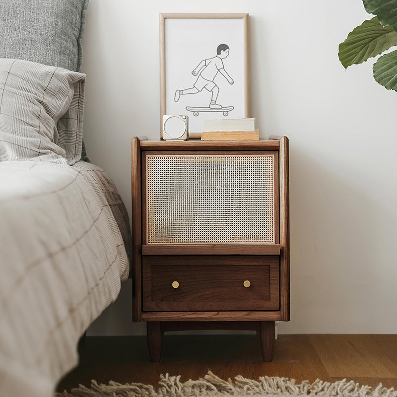 Rattan Bed Nightstand Modern Minimalist Bedside Table with Drawers