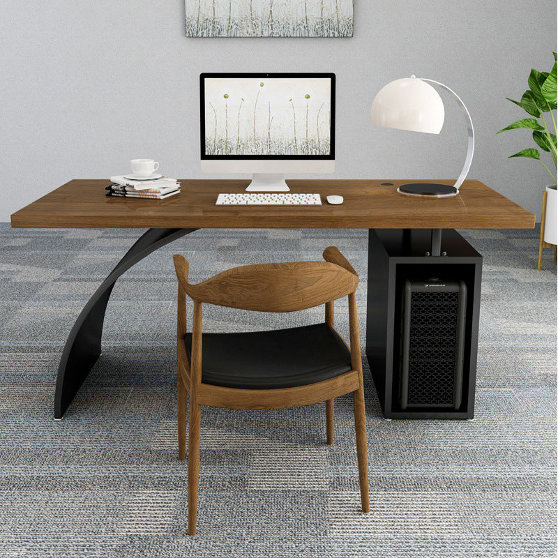 Brown and Black Office Desk Rectangular Wooden Writing Desk Pine and Metal