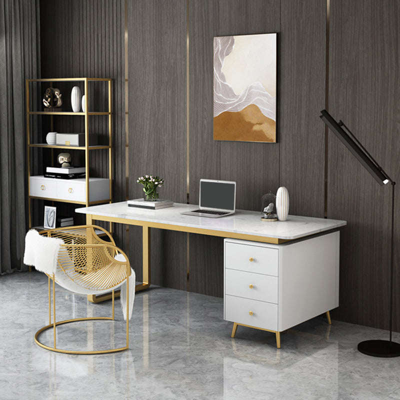 Glam Curved Writing Desk Metal and Stone Office Desk with Drawers