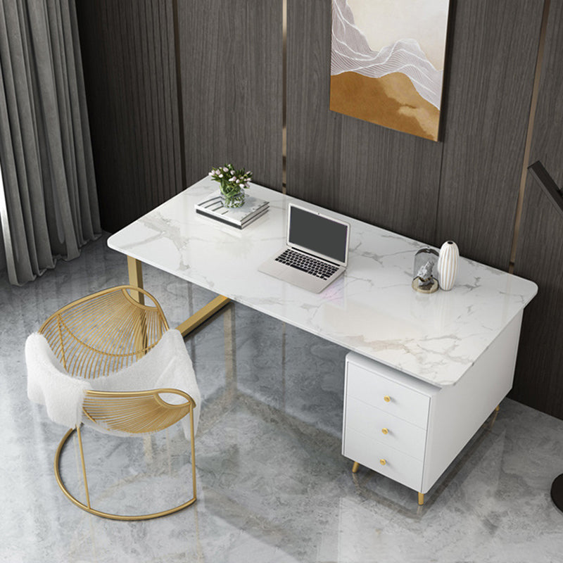 Glam Curved Writing Desk Metal and Stone Office Desk with Drawers