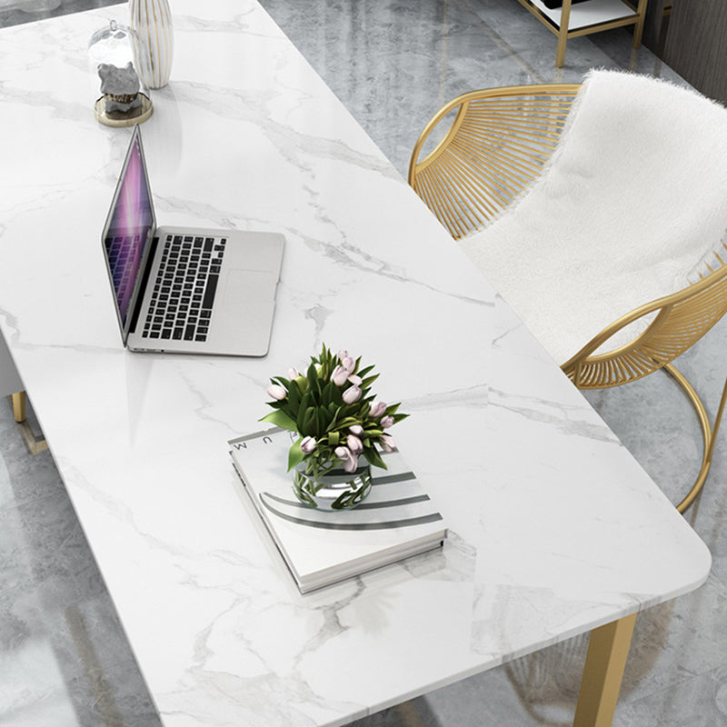 Glam Curved Writing Desk Metal and Stone Office Desk with Drawers