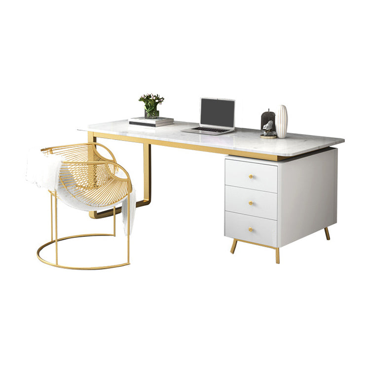 Glam Curved Writing Desk Metal and Stone Office Desk with Drawers