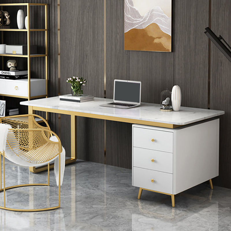 Glam Curved Writing Desk Metal and Stone Office Desk with Drawers