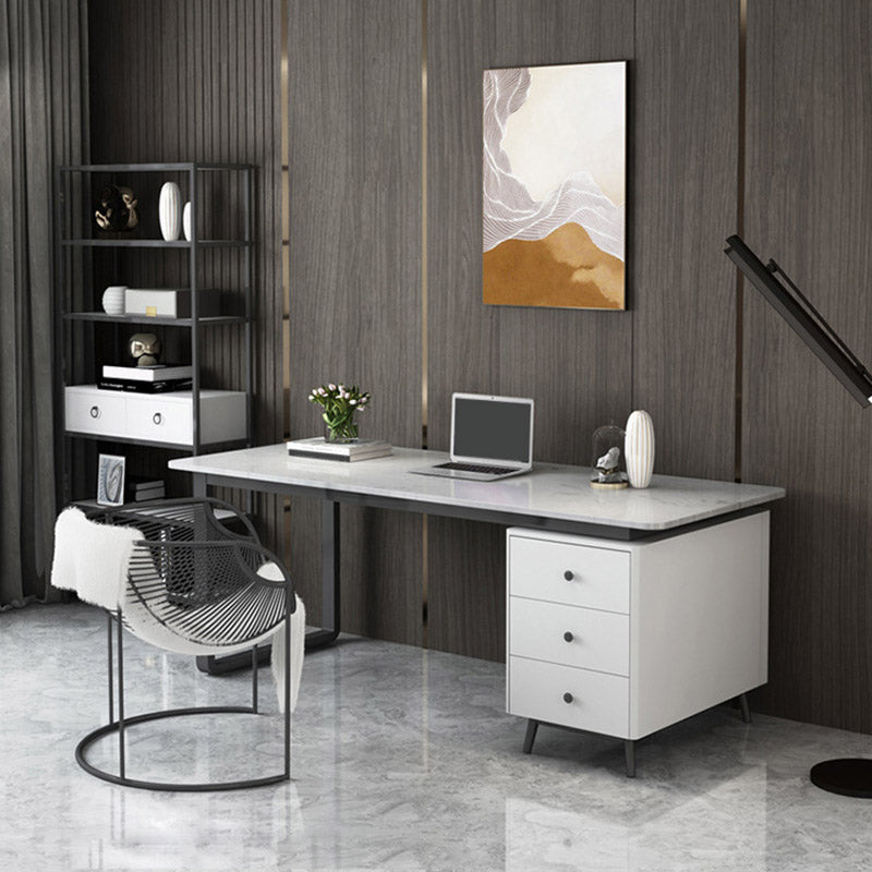 Glam Curved Writing Desk Metal and Stone Office Desk with Drawers