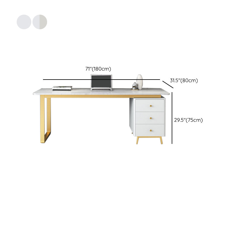 Glam Curved Writing Desk Metal and Stone Office Desk with Drawers