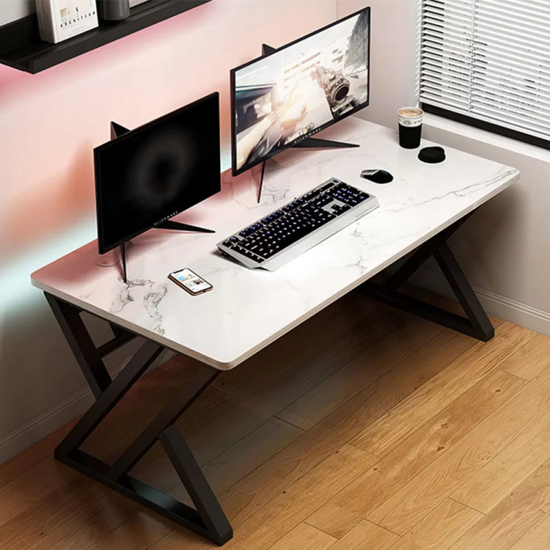 Marble and Wooden Gaming Desk Rectangular Bedroom Computer Desk with Metal Legs