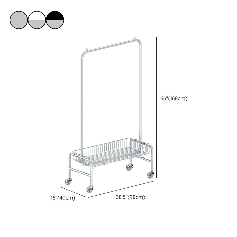 Industrial Metal Coat Rack Hanging Rail and Storage Basket Entryway Kit with Castors