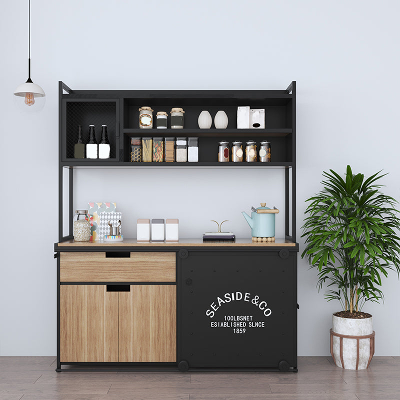 Brown and Black Sideboard 1 Drawer Engineered Wood Dining Server with Sliding Door