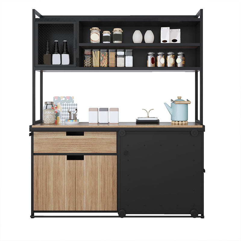 Brown and Black Sideboard 1 Drawer Engineered Wood Dining Server with Sliding Door