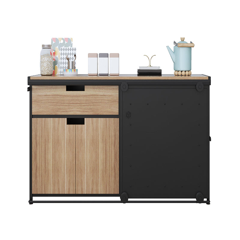 Brown and Black Sideboard 1 Drawer Engineered Wood Dining Server with Sliding Door