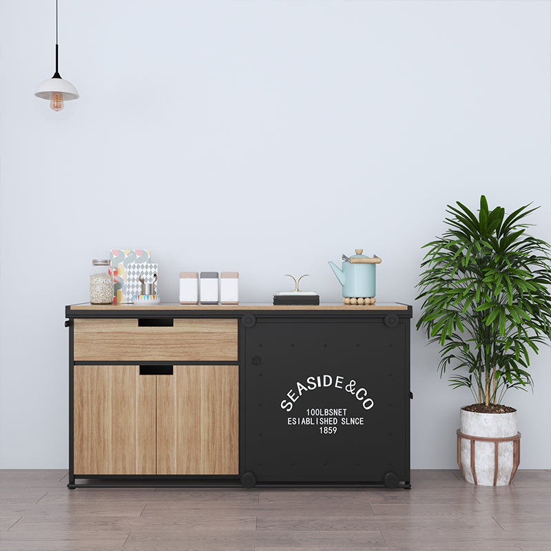 Brown and Black Sideboard 1 Drawer Engineered Wood Dining Server with Sliding Door