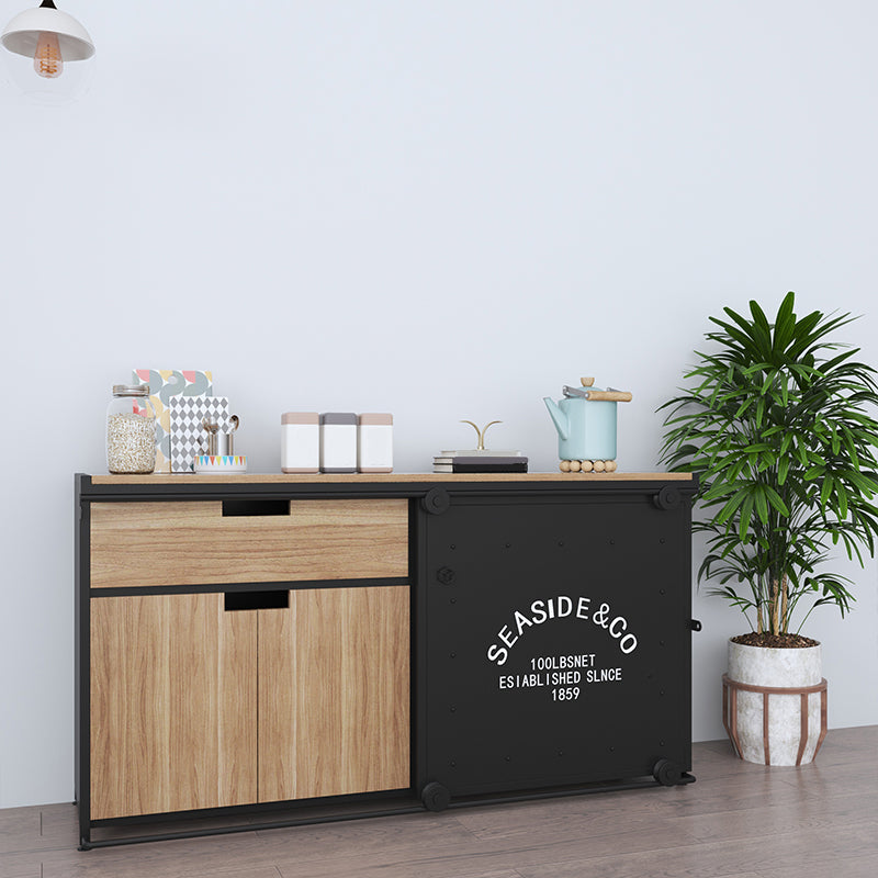 Brown and Black Sideboard 1 Drawer Engineered Wood Dining Server with Sliding Door