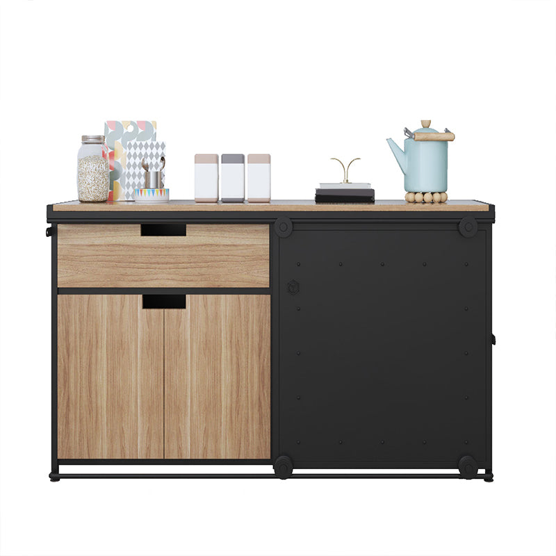 Brown and Black Sideboard 1 Drawer Engineered Wood Dining Server with Sliding Door