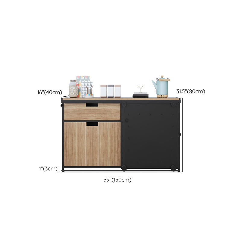 Brown and Black Sideboard 1 Drawer Engineered Wood Dining Server with Sliding Door