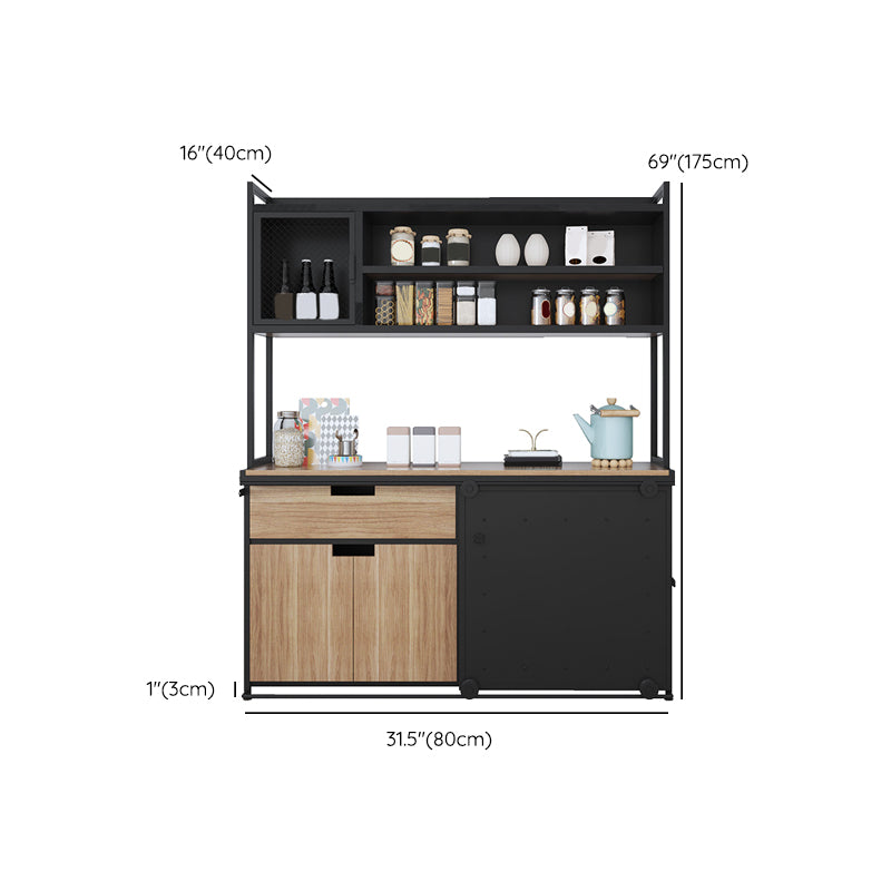 Brown and Black Sideboard 1 Drawer Engineered Wood Dining Server with Sliding Door