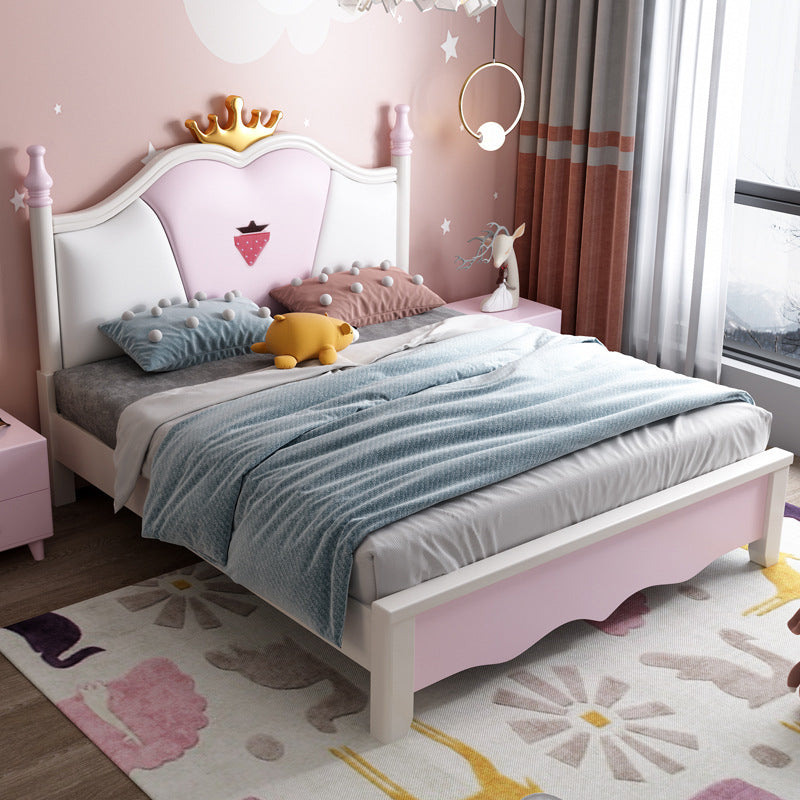 Princess Wood & Genuine Leather Bed Frame with Mattress in Pink and White