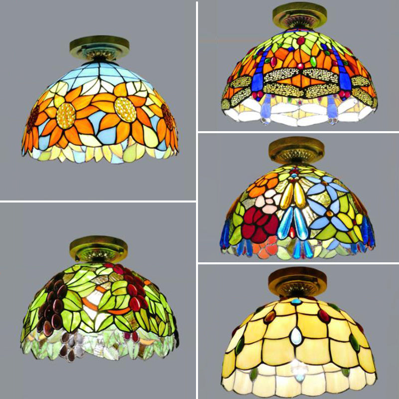 Stained Glass Dome Flush Light with Sunflower/Rose/Pearl/Grape/Dragonfly Pattern Rustic Tiffany 1 Light Flush Ceiling Light in Antique Brass