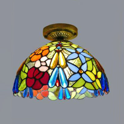 Stained Glass Dome Flush Light with Sunflower/Rose/Pearl/Grape/Dragonfly Pattern Rustic Tiffany 1 Light Flush Ceiling Light in Antique Brass