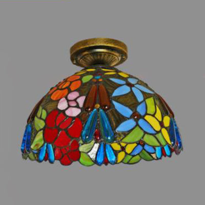 Stained Glass Dome Flush Light with Sunflower/Rose/Pearl/Grape/Dragonfly Pattern Rustic Tiffany 1 Light Flush Ceiling Light in Antique Brass