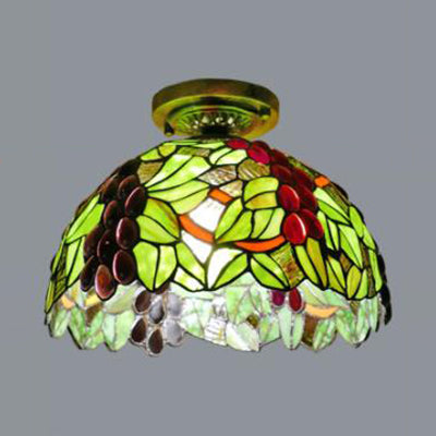 Stained Glass Dome Flush Light with Sunflower/Rose/Pearl/Grape/Dragonfly Pattern Rustic Tiffany 1 Light Flush Ceiling Light in Antique Brass