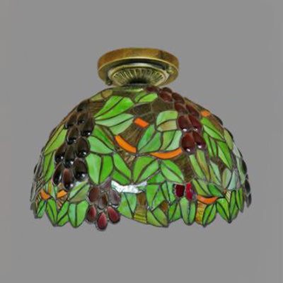 Stained Glass Dome Flush Light with Sunflower/Rose/Pearl/Grape/Dragonfly Pattern Rustic Tiffany 1 Light Flush Ceiling Light in Antique Brass