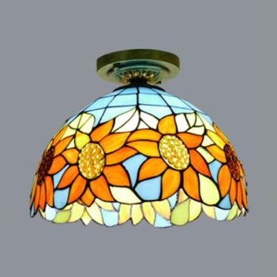 Stained Glass Dome Flush Light with Sunflower/Rose/Pearl/Grape/Dragonfly Pattern Rustic Tiffany 1 Light Flush Ceiling Light in Antique Brass