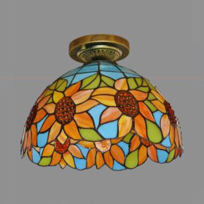 Stained Glass Dome Flush Light with Sunflower/Rose/Pearl/Grape/Dragonfly Pattern Rustic Tiffany 1 Light Flush Ceiling Light in Antique Brass