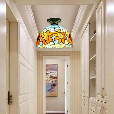 Stained Glass Dome Flush Light with Sunflower/Rose/Pearl/Grape/Dragonfly Pattern Rustic Tiffany 1 Light Flush Ceiling Light in Antique Brass