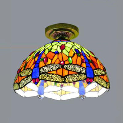 Stained Glass Dome Flush Light with Sunflower/Rose/Pearl/Grape/Dragonfly Pattern Rustic Tiffany 1 Light Flush Ceiling Light in Antique Brass