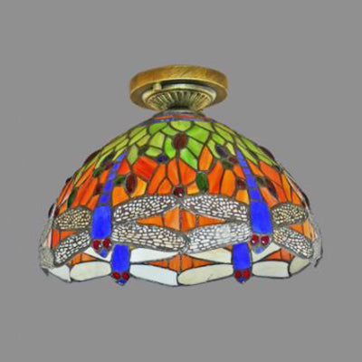 Stained Glass Dome Flush Light with Sunflower/Rose/Pearl/Grape/Dragonfly Pattern Rustic Tiffany 1 Light Flush Ceiling Light in Antique Brass