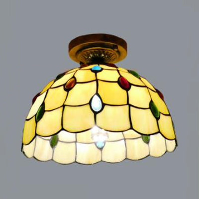 Stained Glass Dome Flush Light with Sunflower/Rose/Pearl/Grape/Dragonfly Pattern Rustic Tiffany 1 Light Flush Ceiling Light in Antique Brass