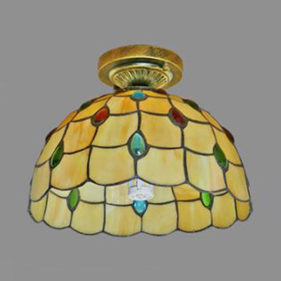 Stained Glass Dome Flush Light with Sunflower/Rose/Pearl/Grape/Dragonfly Pattern Rustic Tiffany 1 Light Flush Ceiling Light in Antique Brass