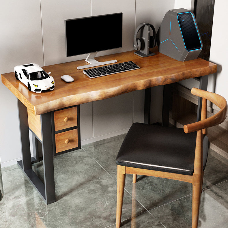 Wood Industrial Computer Desk Rectangular Office Desk with 2 Drawers