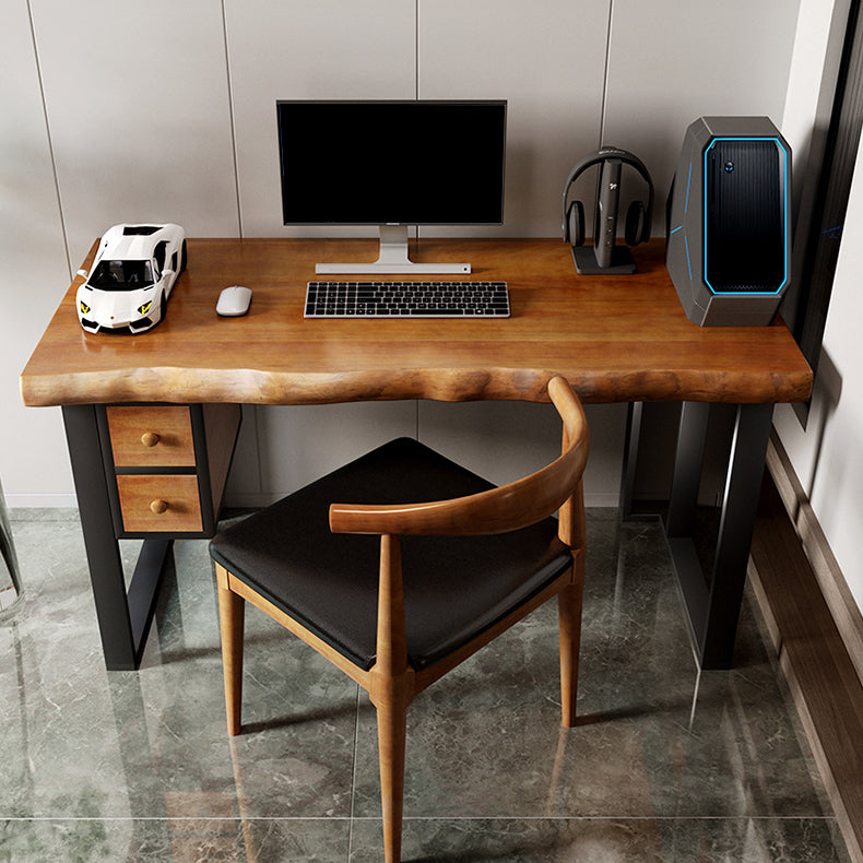 Wood Industrial Computer Desk Rectangular Office Desk with 2 Drawers