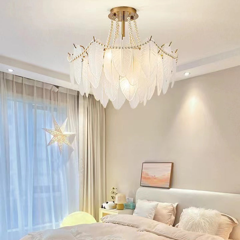 Modern Metal Flush Mount Feather Shape Ceiling Light with Glass Shade for Living Room