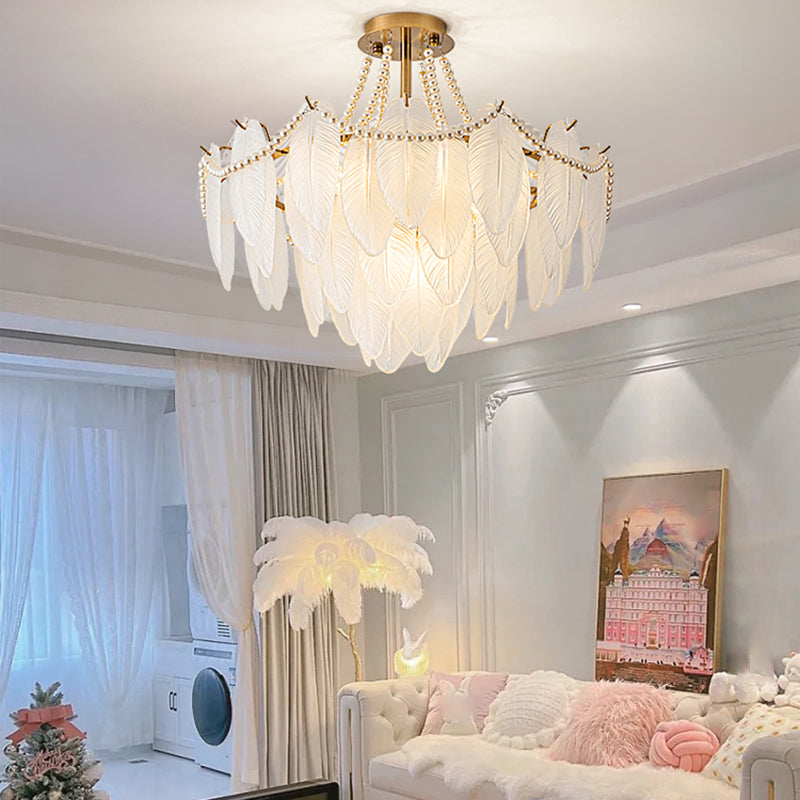 Modern Metal Flush Mount Feather Shape Ceiling Light with Glass Shade for Living Room