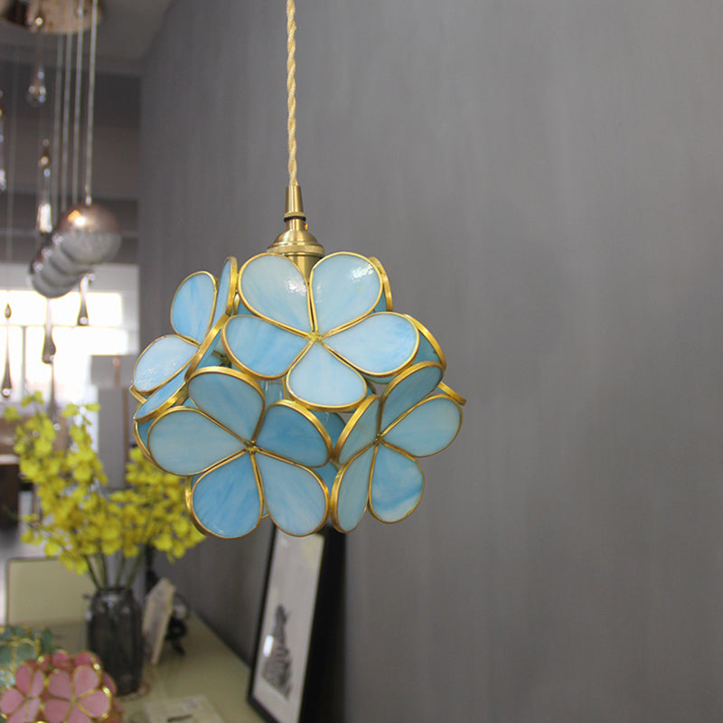 1 lichte bloem hangend plafondlicht Tiffany -stijl blauw/helder/roze roestvrijstalen hanglamp hanglamp