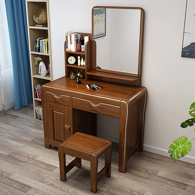 Traditional Make-up Vanity Solid Wood Double Drawers Mirror Dressing Table