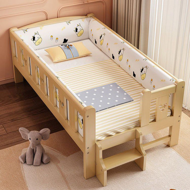 Natural Wood Slat Kids Bed Upholstered Mattress Included Bed with Detachable Guardrails