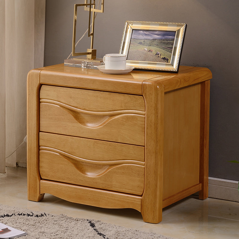 2 Drawers Solid Wood Nightstand Contemporary Oak Night Table