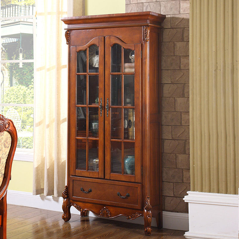 Traditional Rubberwood Display Stand Glass Doors Storage Cabinet for Living Room