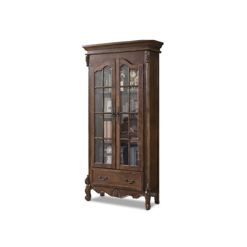 Traditional Rubberwood Display Stand Glass Doors Storage Cabinet for Living Room