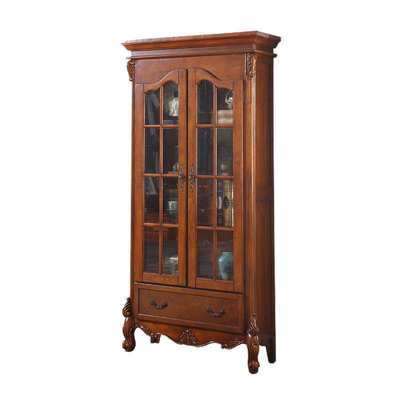 Traditional Rubberwood Display Stand Glass Doors Storage Cabinet for Living Room