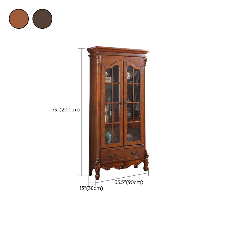 Traditional Rubberwood Display Stand Glass Doors Storage Cabinet for Living Room