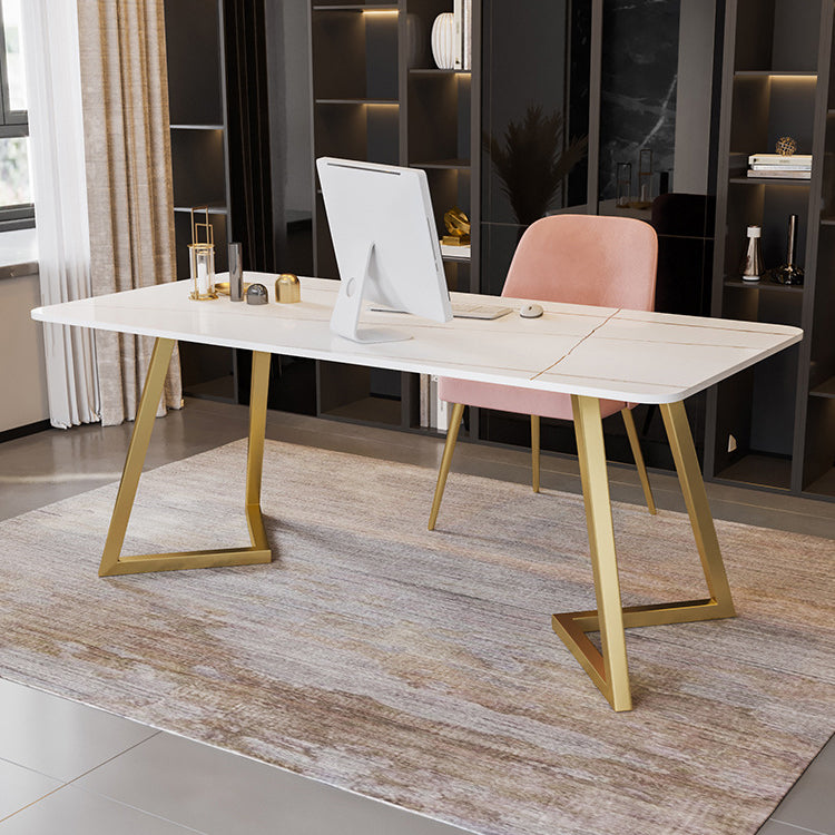 Curved Glam Office Desk Stone and Metal Writing Desk in Black and White